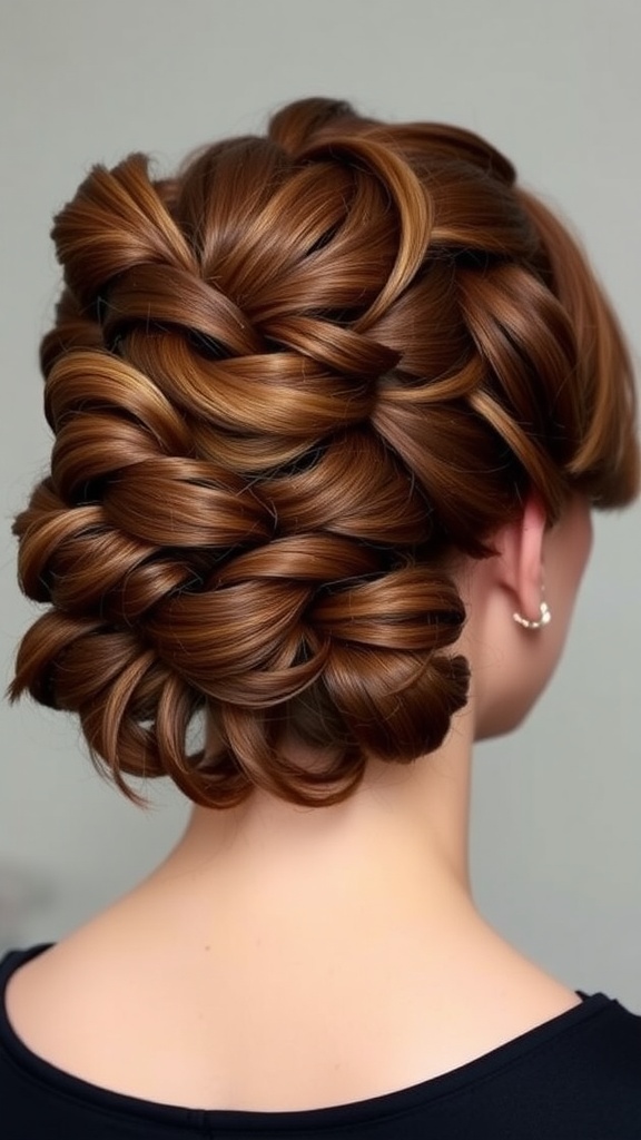 A stylish French curl updo hairstyle showcasing intricate braids and curls.