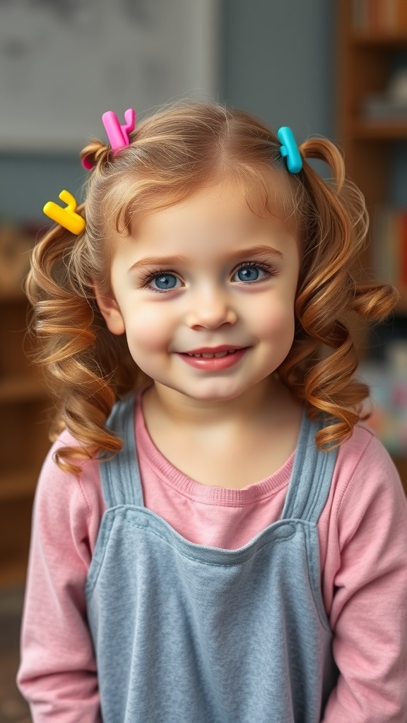 A young girl with French curls decorated with colorful clips, smiling joyfully.