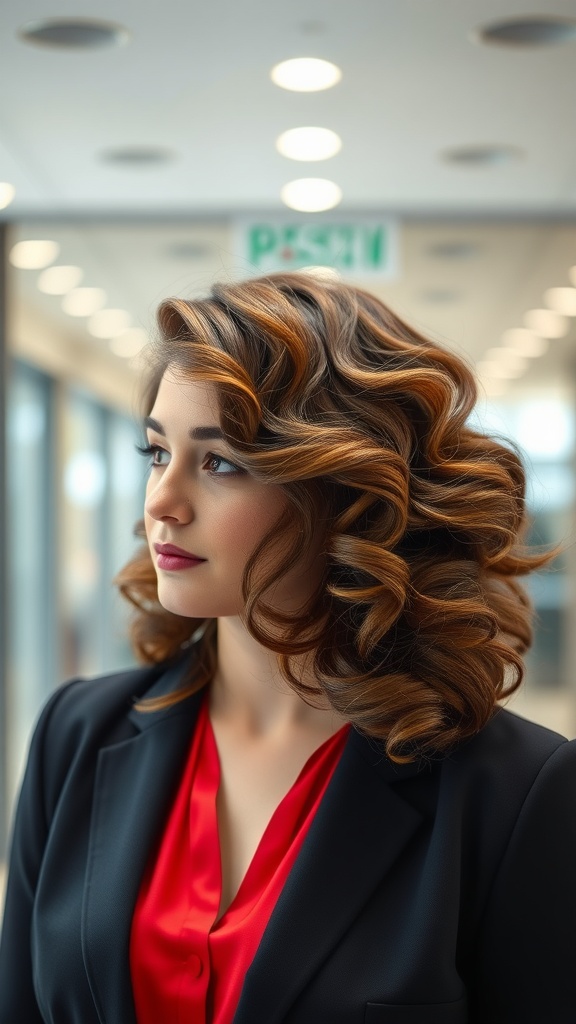 A woman with French curls wearing a black blazer and red blouse in a modern office setting.