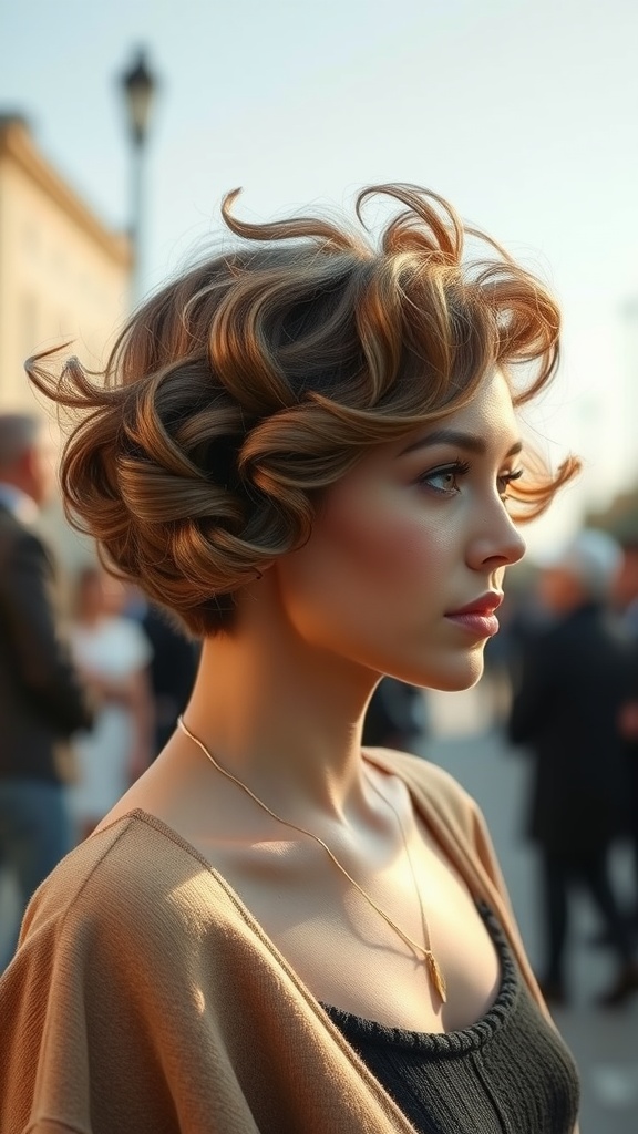 A woman with short hair styled in French curls, showing off a playful and elegant look.
