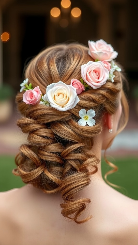 A beautiful hairstyle featuring French curls adorned with floral accessories.