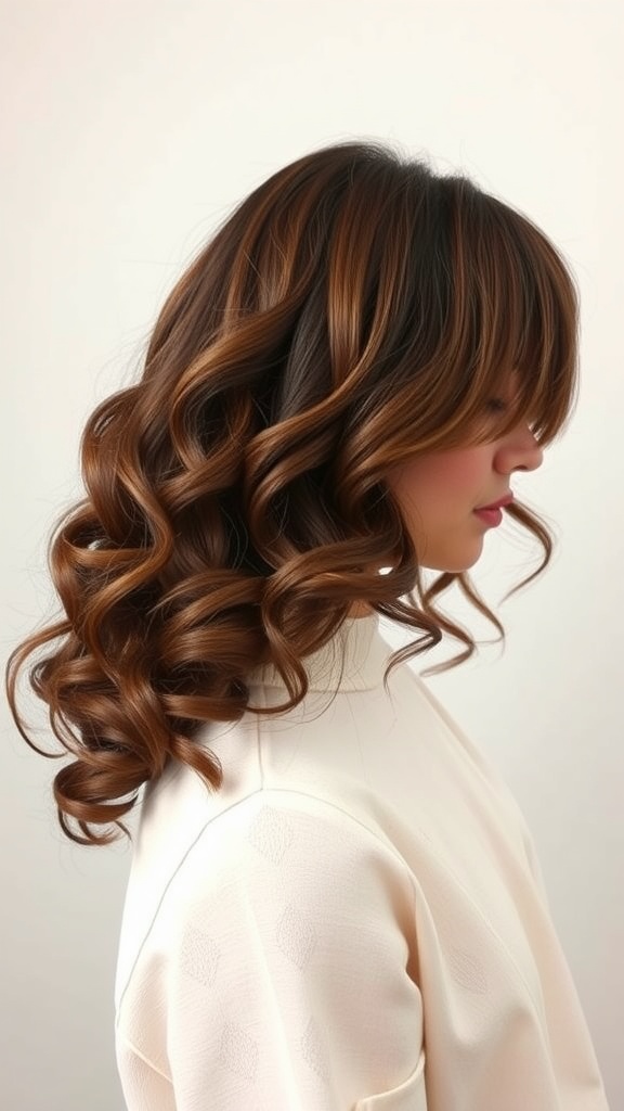 Woman with French curls and straight bangs, showcasing a playful hairstyle