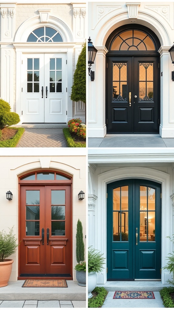 A collage of four different styles of French doors showing various designs and colors.