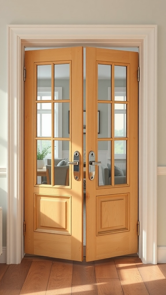 Interior view of stylish French doors with glass panels and wooden frame.
