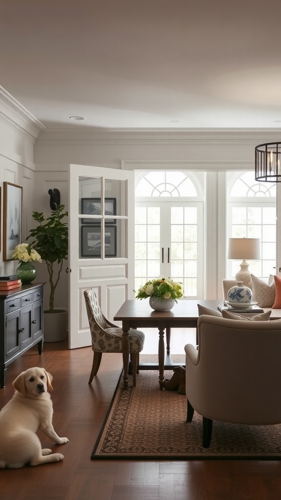 Interior view showcasing French doors that separate a dining area from a living space.