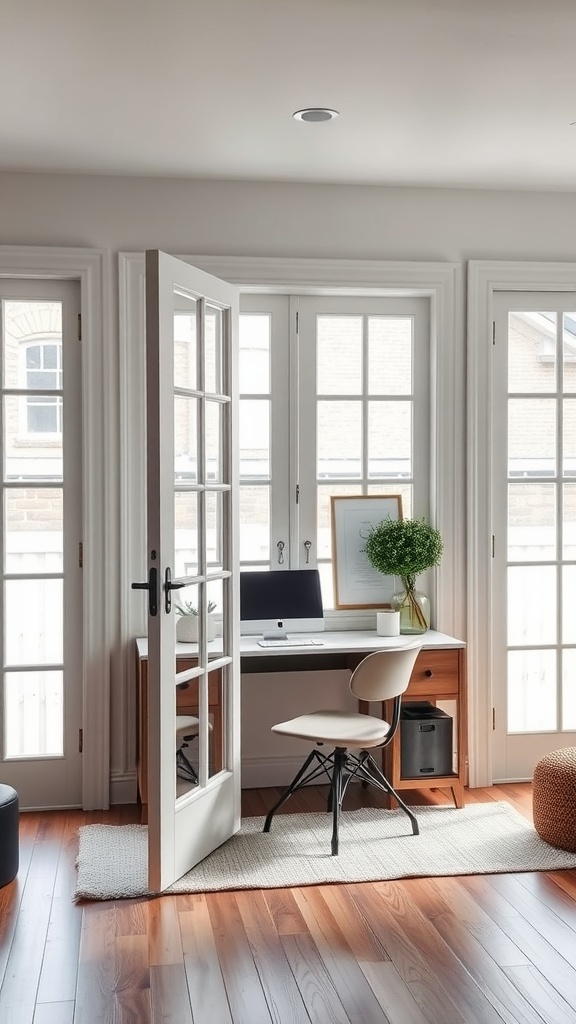 A bright home office featuring French doors and a desk with a computer.