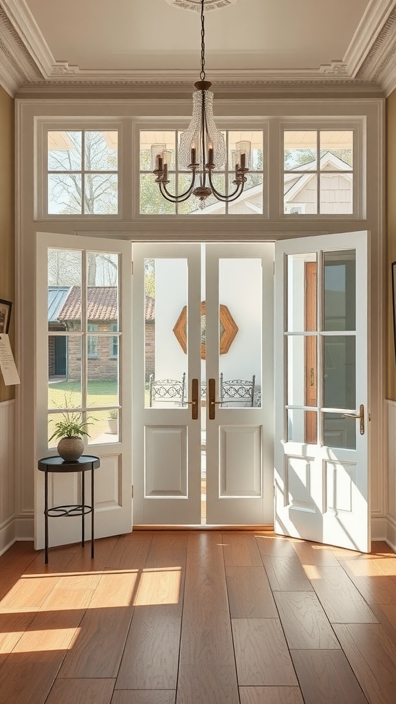 Interior view of a room featuring elegant French doors, showcasing natural light and classic design.