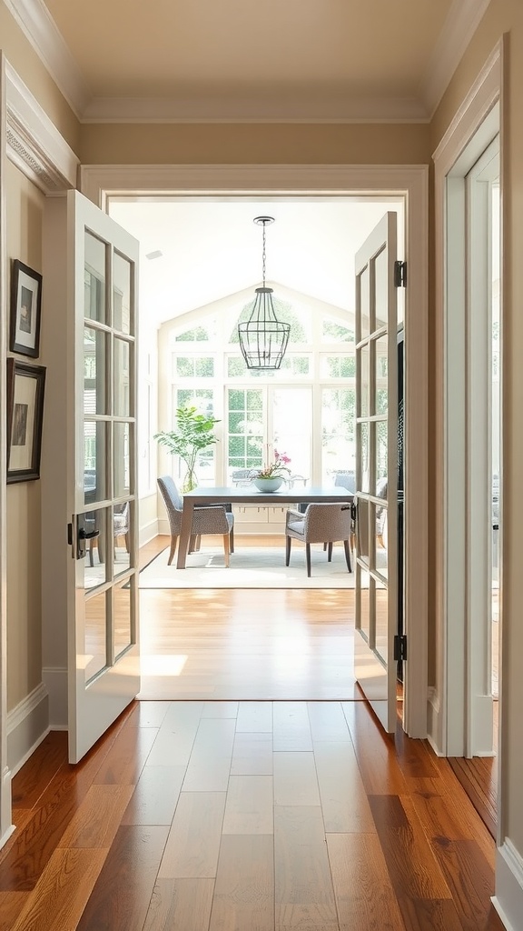 Interior view of a hallway with open French doors leading to a bright room.