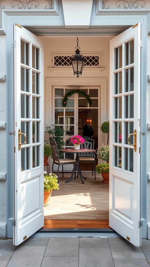 French doors opening to a balcony with plants and a seating area