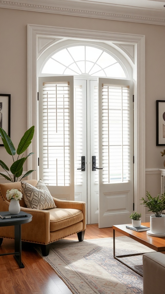 Interior view of a living room featuring French doors with built-in blinds, a comfortable chair, and decorative plants.