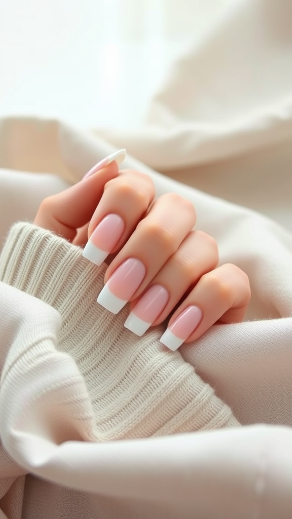 A close-up of hands with square acrylic nails featuring a French tip design, resting on a soft fabric.