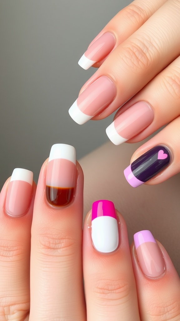 Close-up of hands showcasing various French tip designs on oval nails.