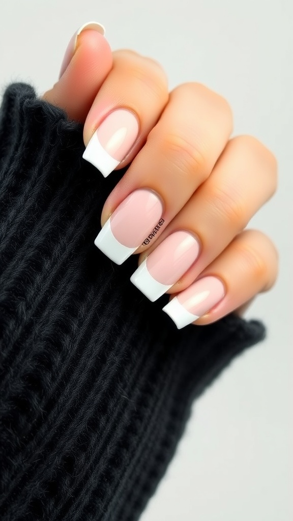 A close-up view of manicured nails featuring French tip white chrome design, held against a black knitted sweater.
