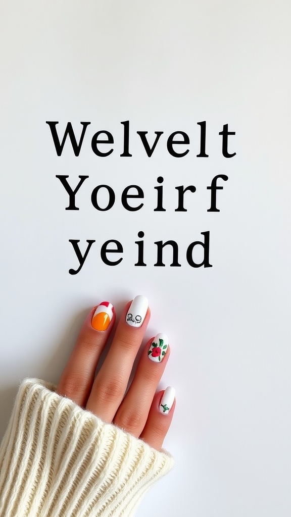 A hand with creatively designed French tip nails featuring colorful accents and playful patterns.