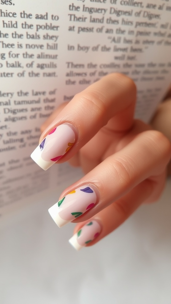 A close-up of short square nails featuring colorful designs on a French tip background.