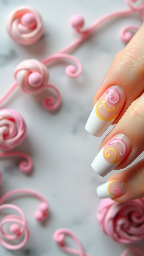 Close-up of white French tip nails with pink and yellow artistic swirls.