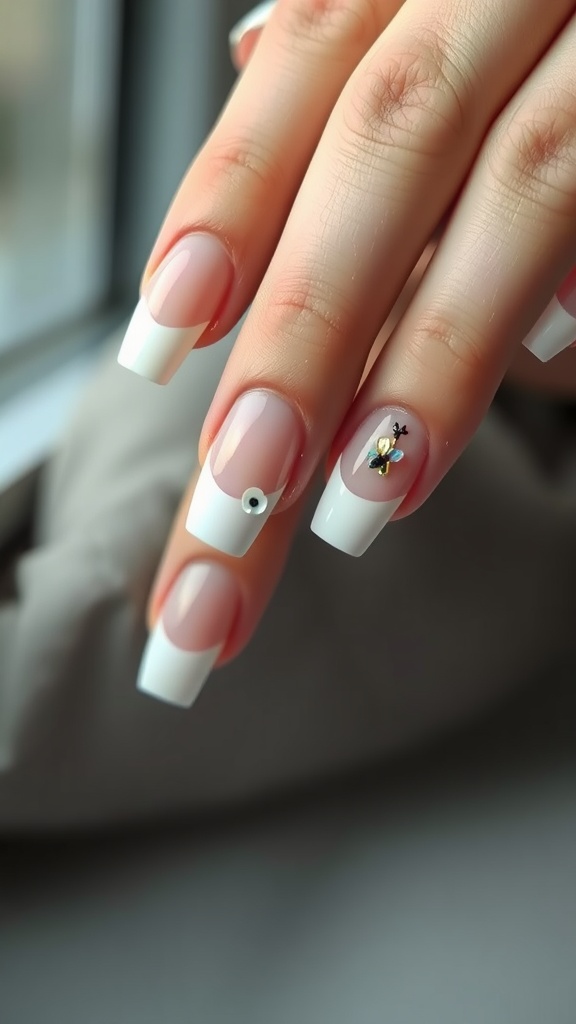 Close-up of white French tip nails with artistic designs