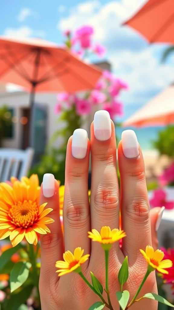 Close-up of hands with white French tip nails surrounded by colorful flowers