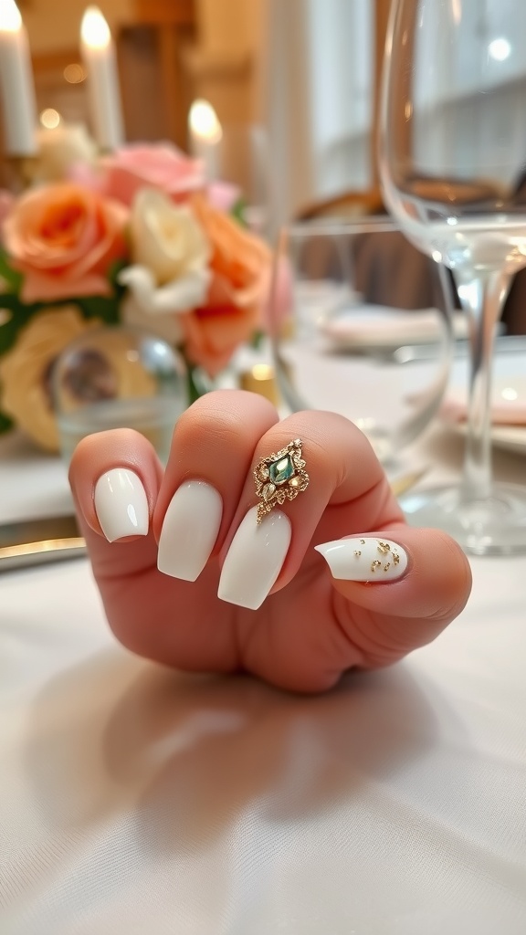 Elegant white French tip nails with gold foil accents.