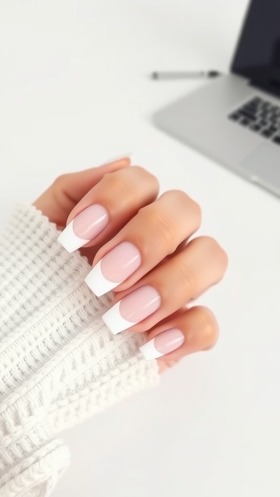Close-up of hands with white French tip nails and a cozy sweater