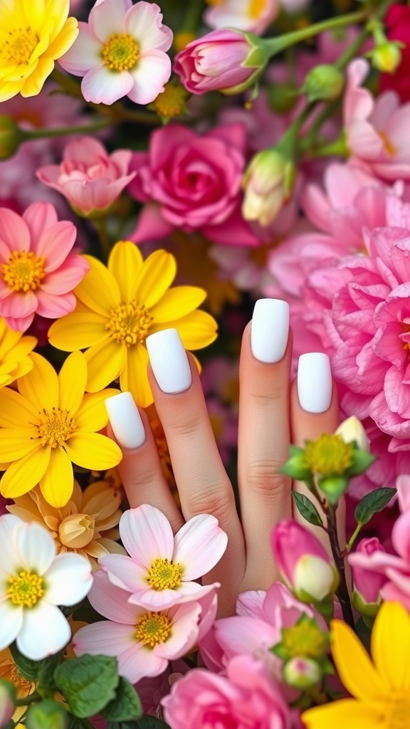 White French tip nails on a hand surrounded by colorful flowers.