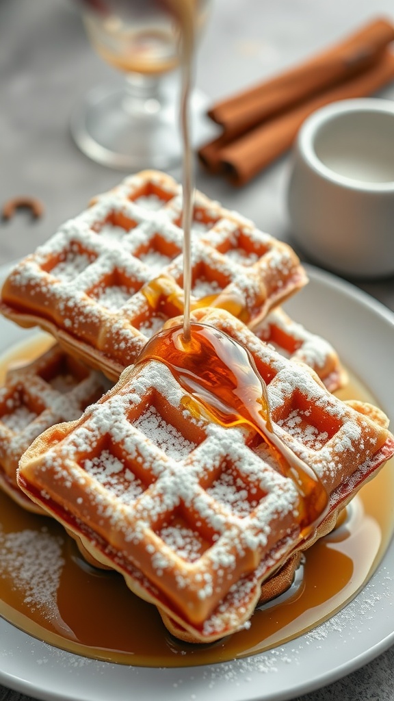 Delicious French toast waffles topped with syrup and powdered sugar