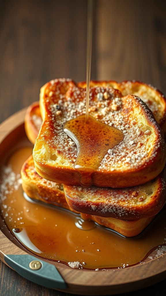 French toast with cinnamon and sugar, drizzled with syrup.