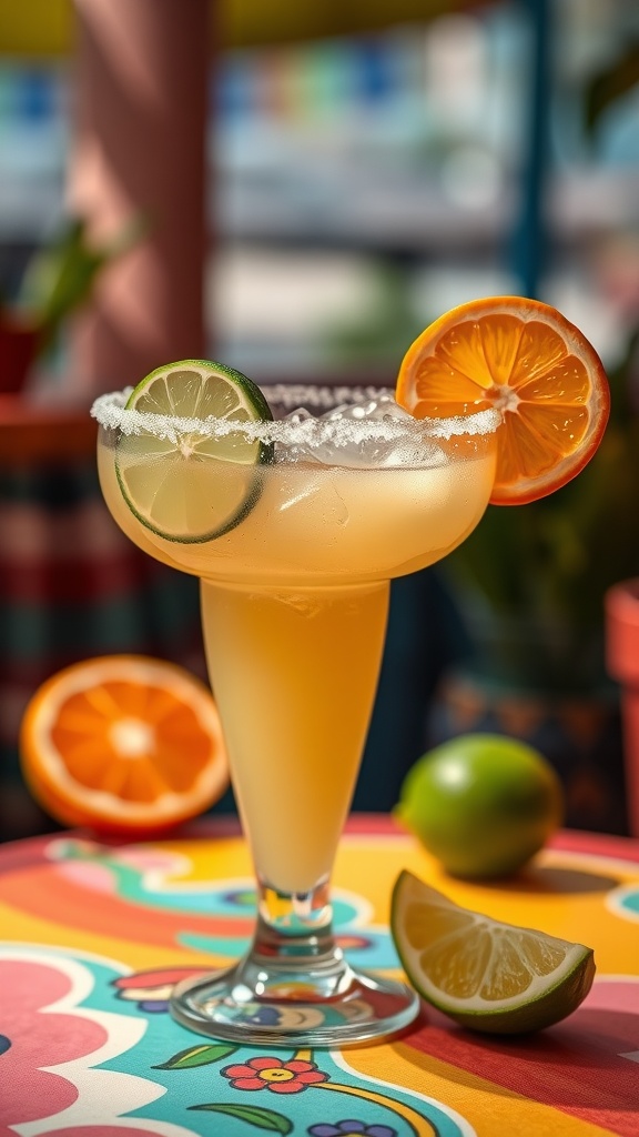 A classic margarita garnished with lime and orange slices.