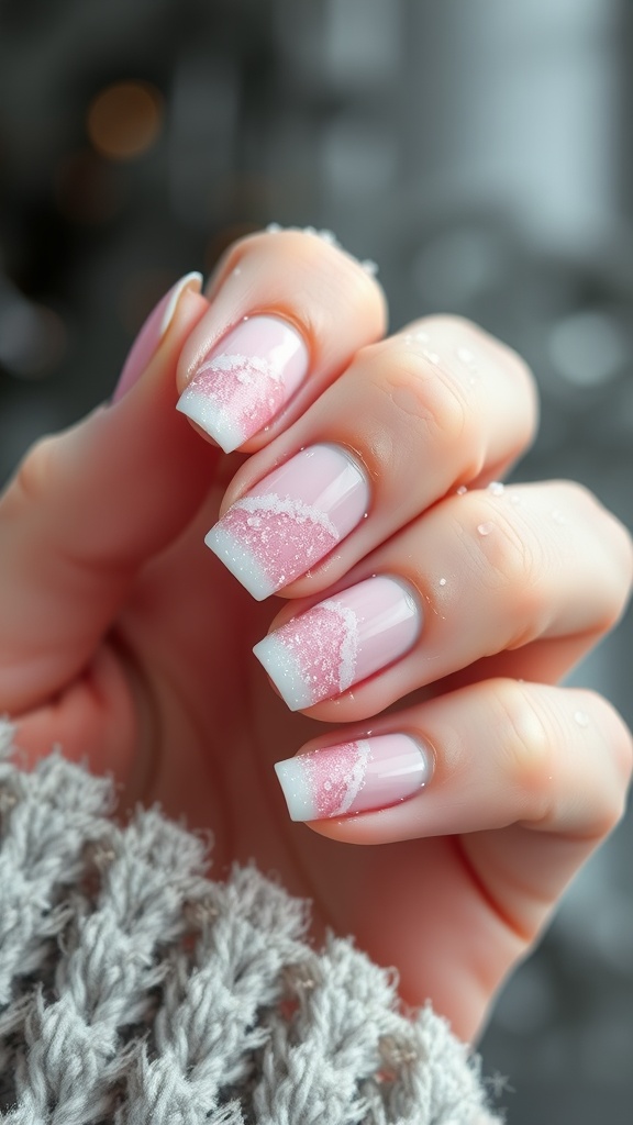 Frosted baby pink French tip nails with a subtle sparkle