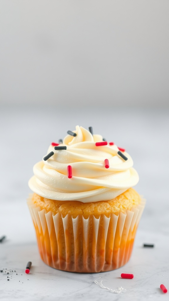 Frosted cupcake with cream cheese frosting and sprinkles