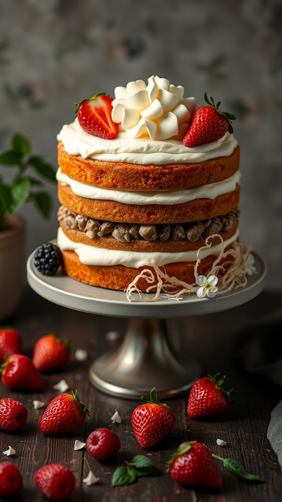 Delicious layer cake with cream cheese frosting topped with fresh strawberries