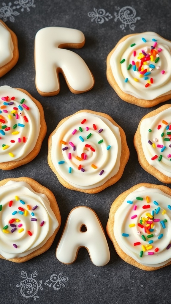 Decorated sugar cookies with cream cheese frosting and colorful sprinkles.