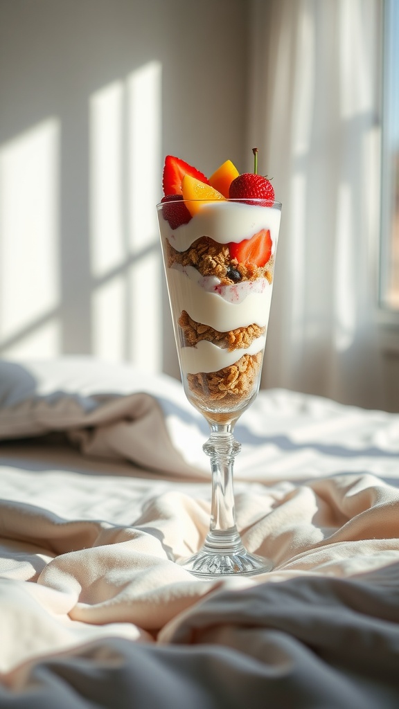 A delicious fruit and yogurt parfait layered with granola and fresh fruits.
