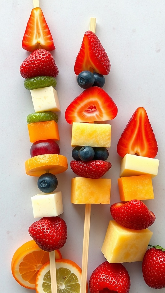 Colorful fruit skewers with strawberries, pineapple, grapes, blueberries, and cheese