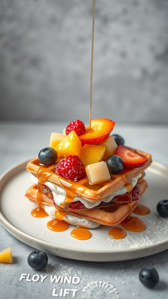 A delicious fruity dessert chaffle stacked with cream and fresh fruits.