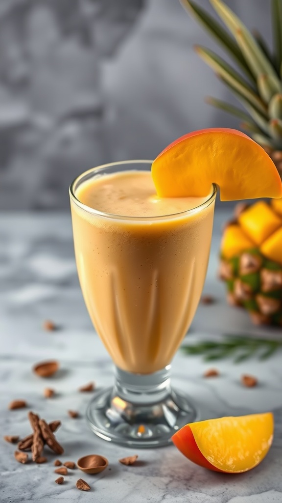A delicious mango smoothie garnished with a slice of mango