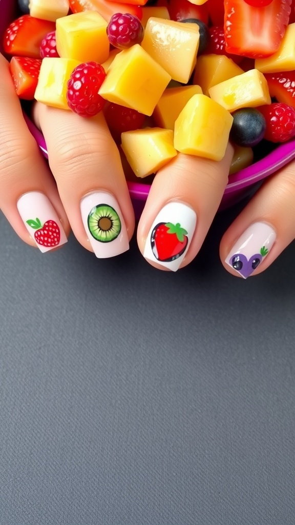 Colorful summer nails with fruit designs including strawberries and kiwis.