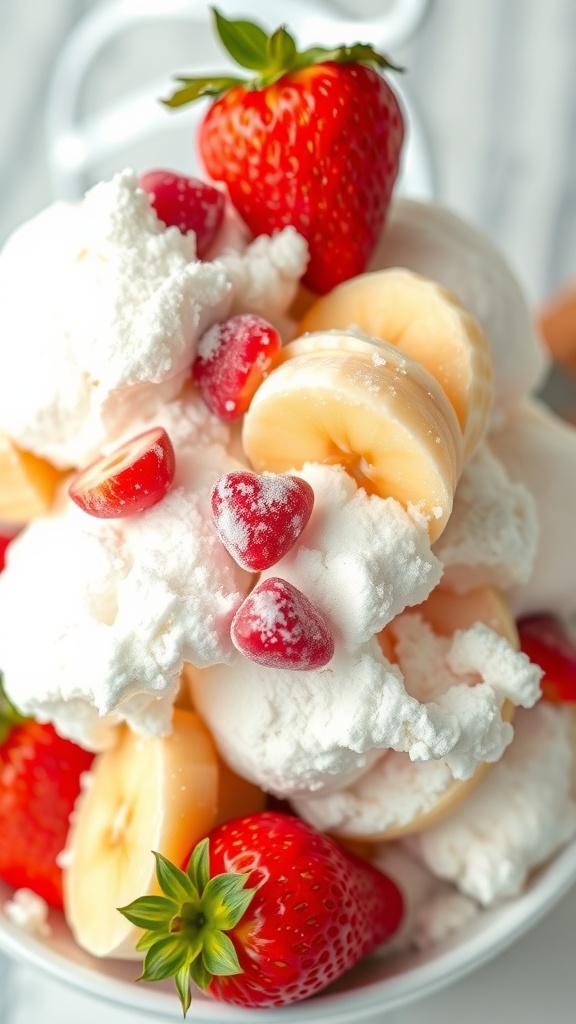 Bowl of snow ice cream topped with fresh fruits.