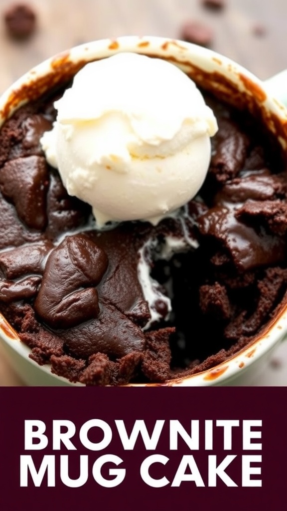 Fudge brownie keto mug cake with a scoop of ice cream on top