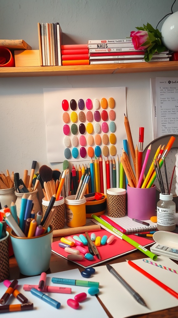 Various oval nail polish colors and art supplies on a workspace.