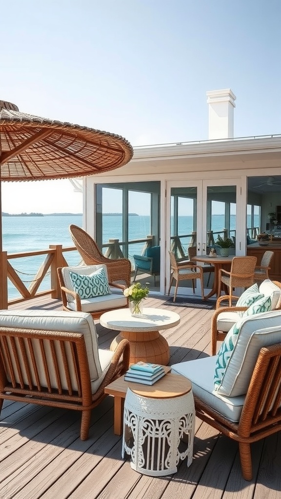 Outdoor seating area of a beach house with wicker chairs and a round table overlooking the ocean.