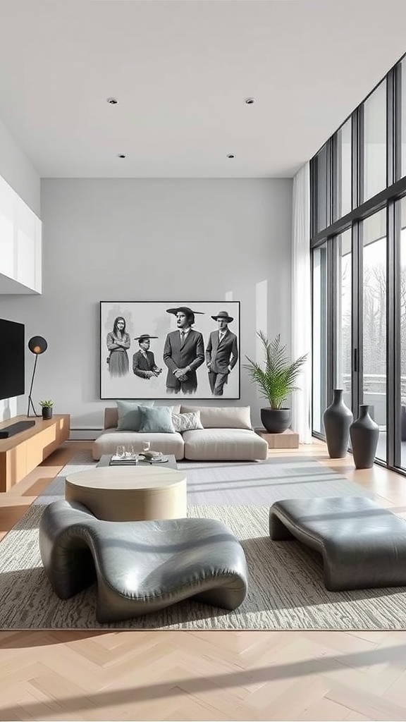 A modern living room featuring sculptural furniture pieces in a retro futurism style.