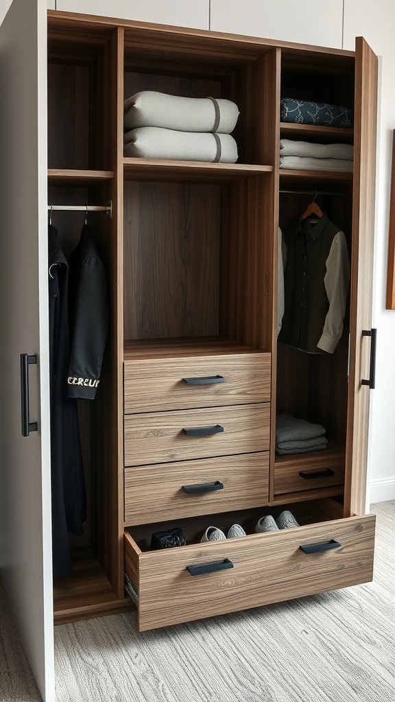 Interior of a modern wardrobe featuring organized drawers and hanging space.