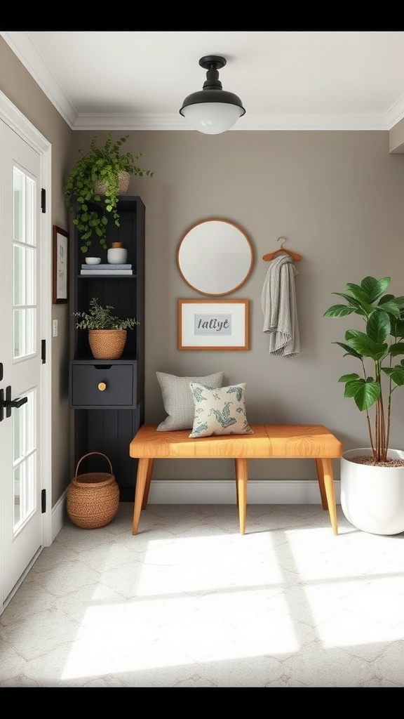 A stylish entryway featuring a wooden bench, plants, and organized shelves.