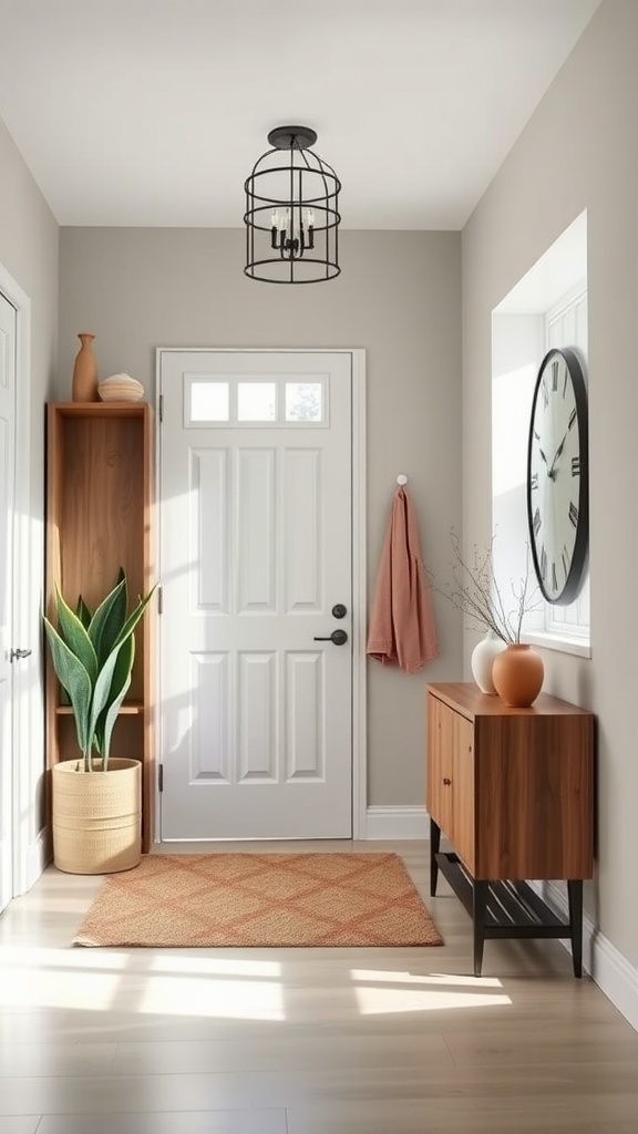 A well-designed entryway featuring a stylish console table, a decorative plant, and a cozy rug.