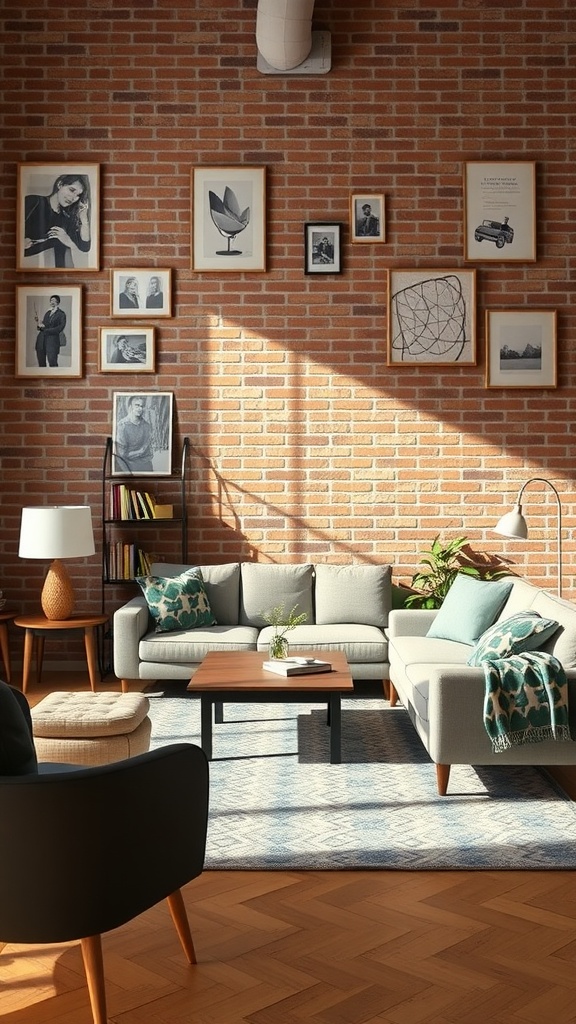 A cozy living room featuring a brick wall, arranged with a sofa, chair, and coffee table.