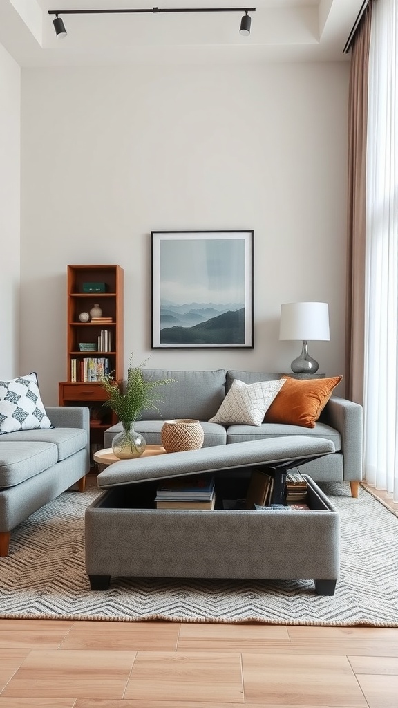 Cozy small living room with a multifunctional coffee table and stylish decor.