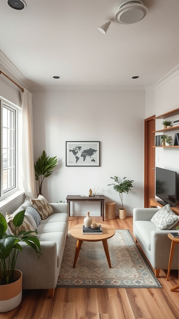 A cozy living room featuring Nordic design with functional furniture, plants, and natural light.