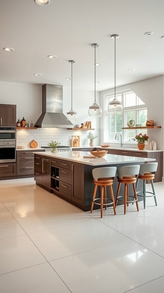 Modern kitchen interior featuring a large island with seating