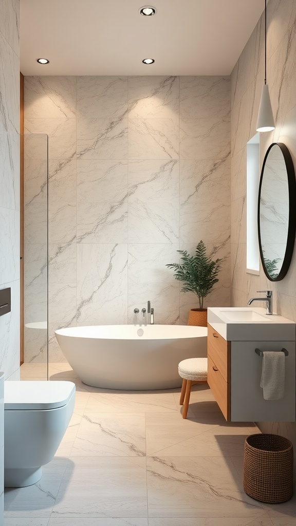 Modern bathroom interior with a bathtub, sink, and stylish decor.